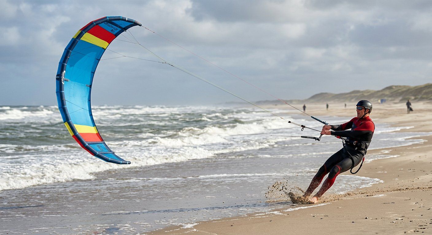 Powerkite die laag door de powerzone een achtje draait boven het strand