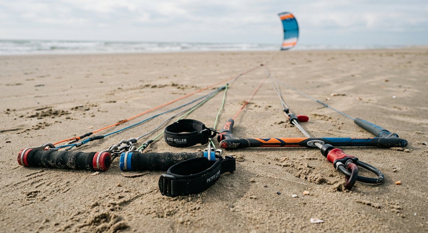 Quad handles en een stuurbar naast elkaar op het zand
