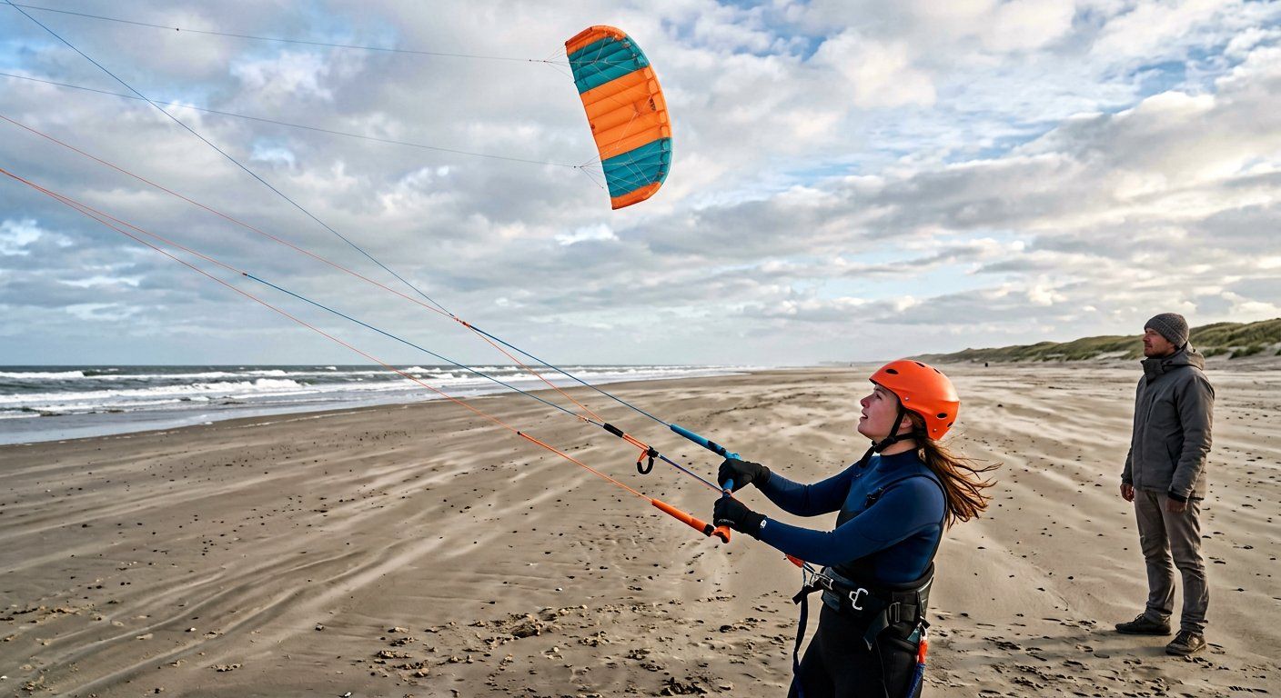 Beginner die op een breed Nederlands strand leert powerkiten