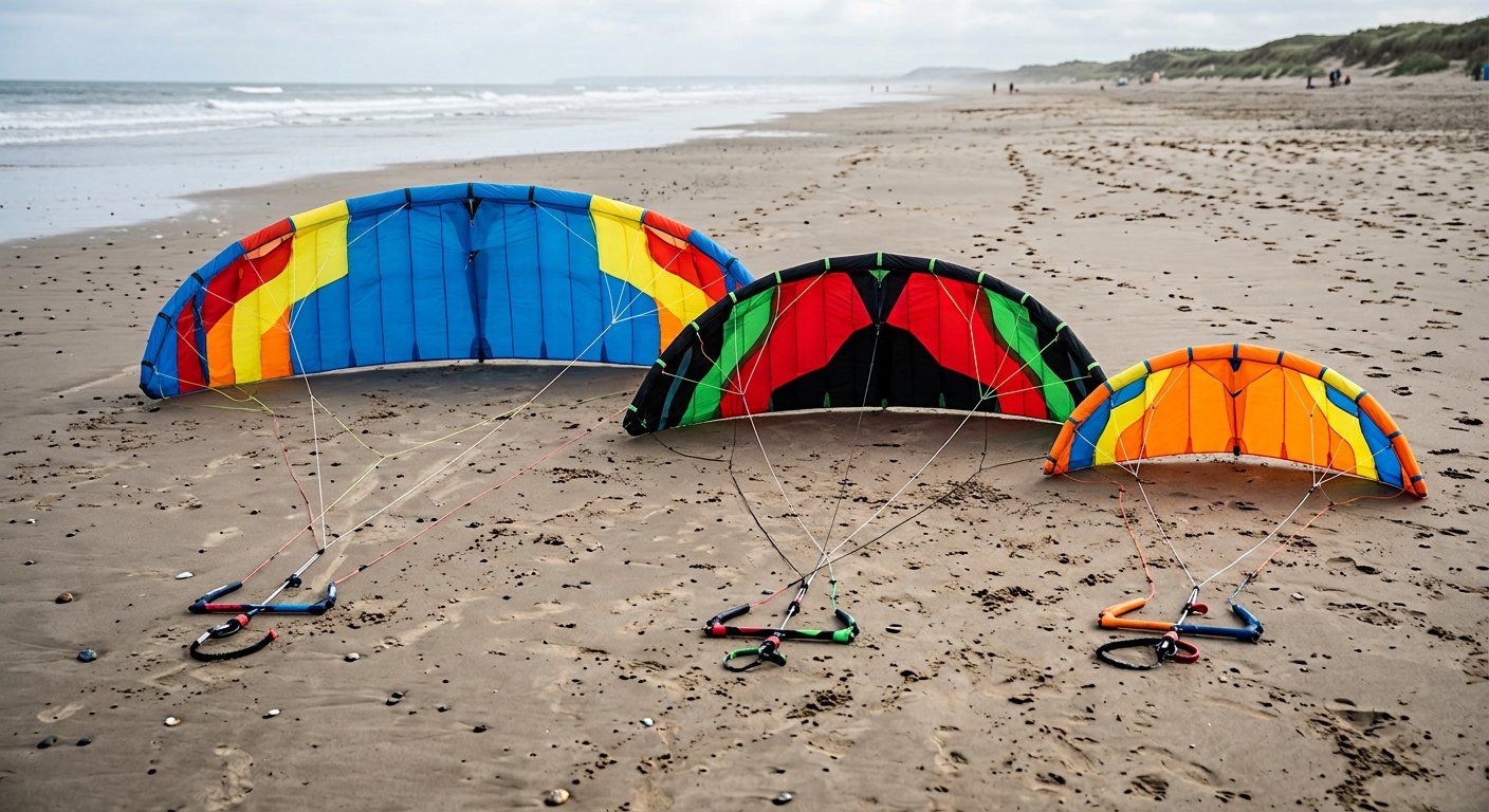 Drie powerkites van verschillende grootte naast elkaar op het zand