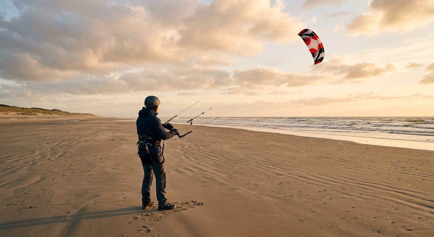 Kitevlieger met helm en handschoenen op een leeg strand