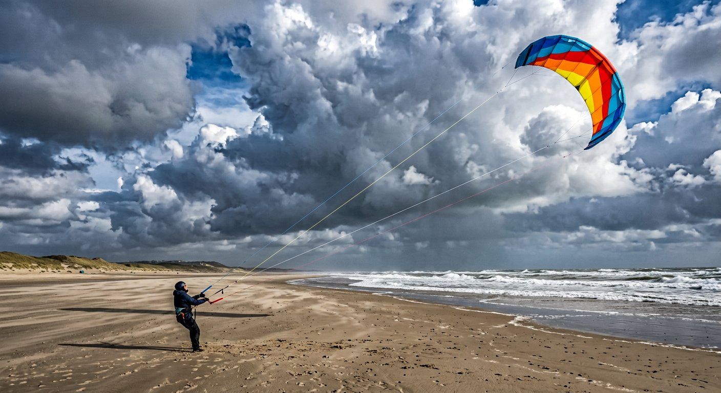 Kleurrijke powerkite hoog in de lucht boven een leeg strand