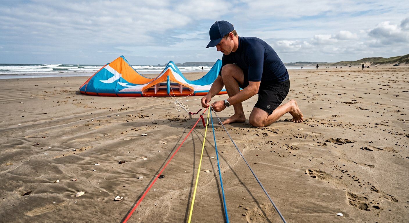 Persoon die op het strand gekleurde lijnen aan de bridle van een foilkite verbindt