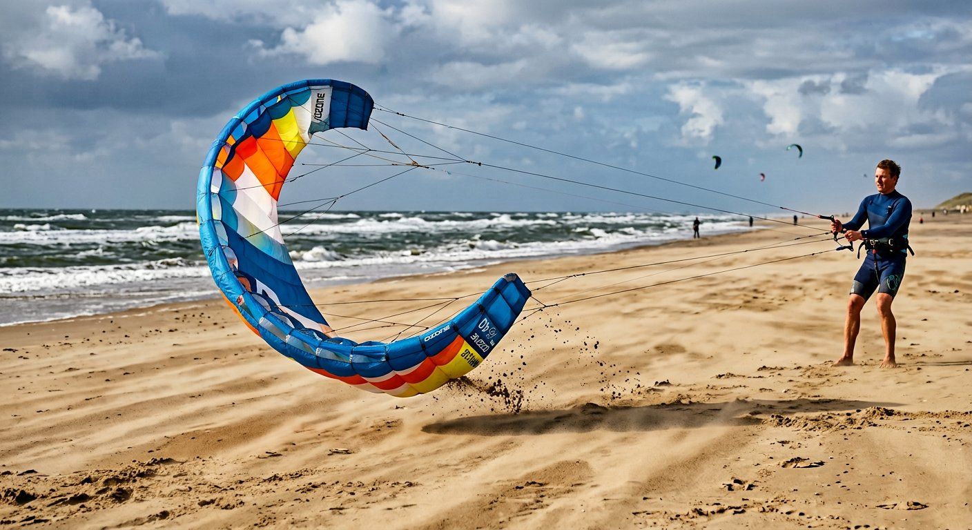 Vierlijns powerkite die laag boven het zand opnieuw opstart vanuit de powerzone